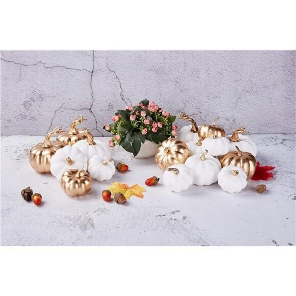 16 Pcs Assorted Artificial Pumpkins White & Gold Plating Pumpkins for Occasions - Picture 4 of 7